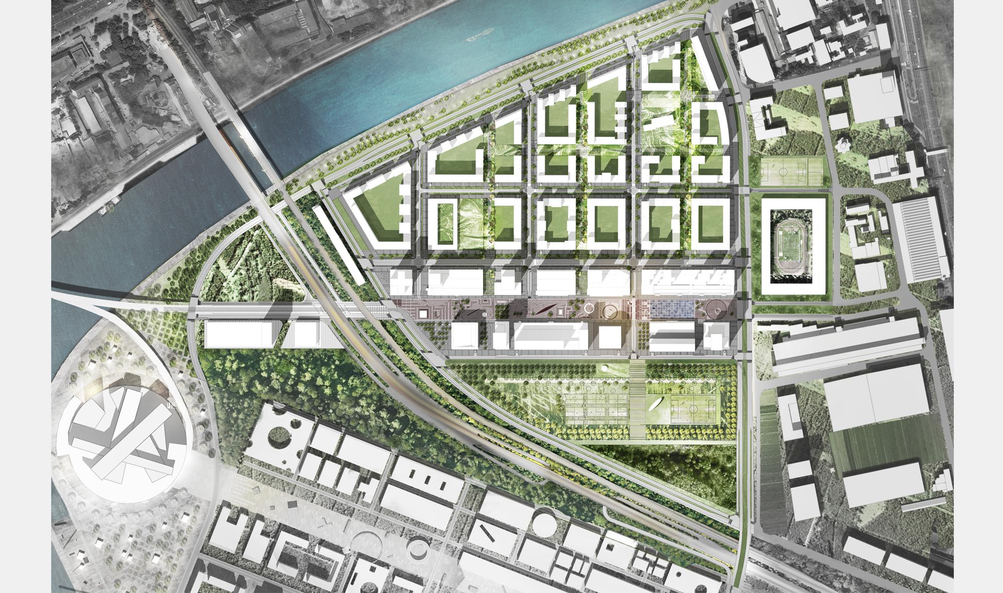 Masterplan drawing for the ZIL automobile plant site in Moscow (ZILART): the perimeter-block grid, Vesnin Brothers Boulevard and the Tyufeleva Roshcha park between the Moskva River and the Nagatinskaya rail corridor